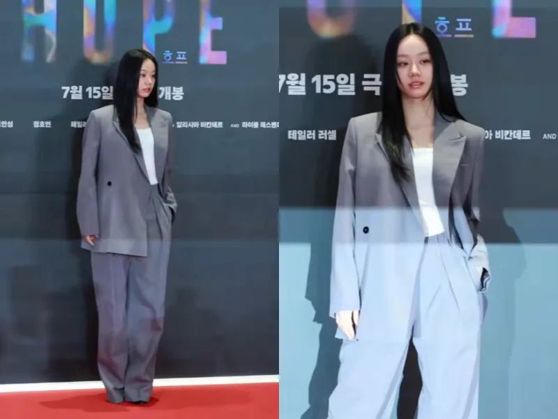 혜리가 영화 '호프' VIP 시사회에서 그레이 오버핏 슈트룩을 선보이는 모습